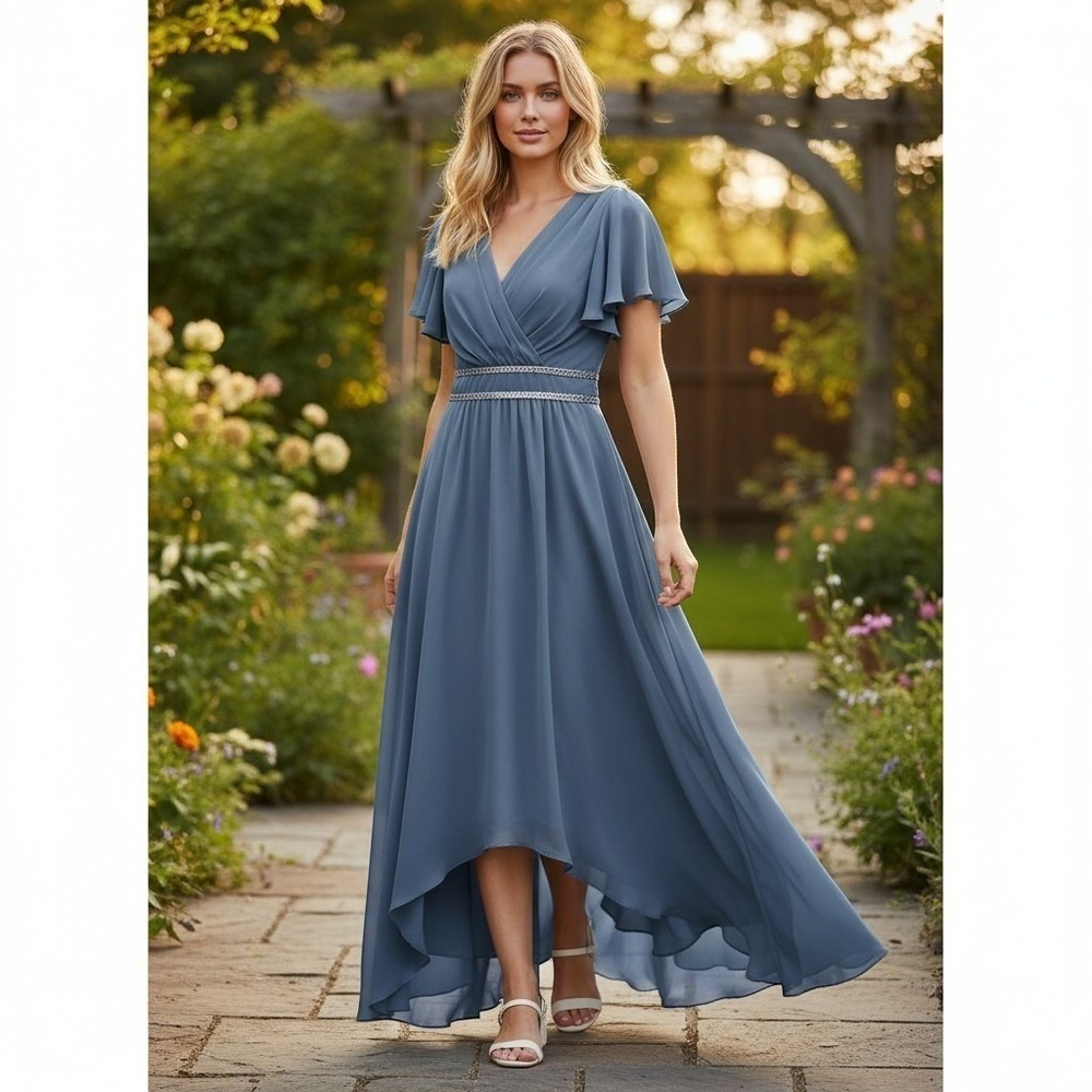 Ever Pretty Chiffon Evening Dress Women 18 Dusty Blue Rhinestone Empire Waist